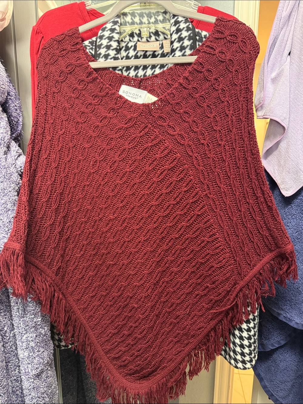 SONOMA Cable-Knit Fringe Poncho in Burgundy/Maroon L/XL